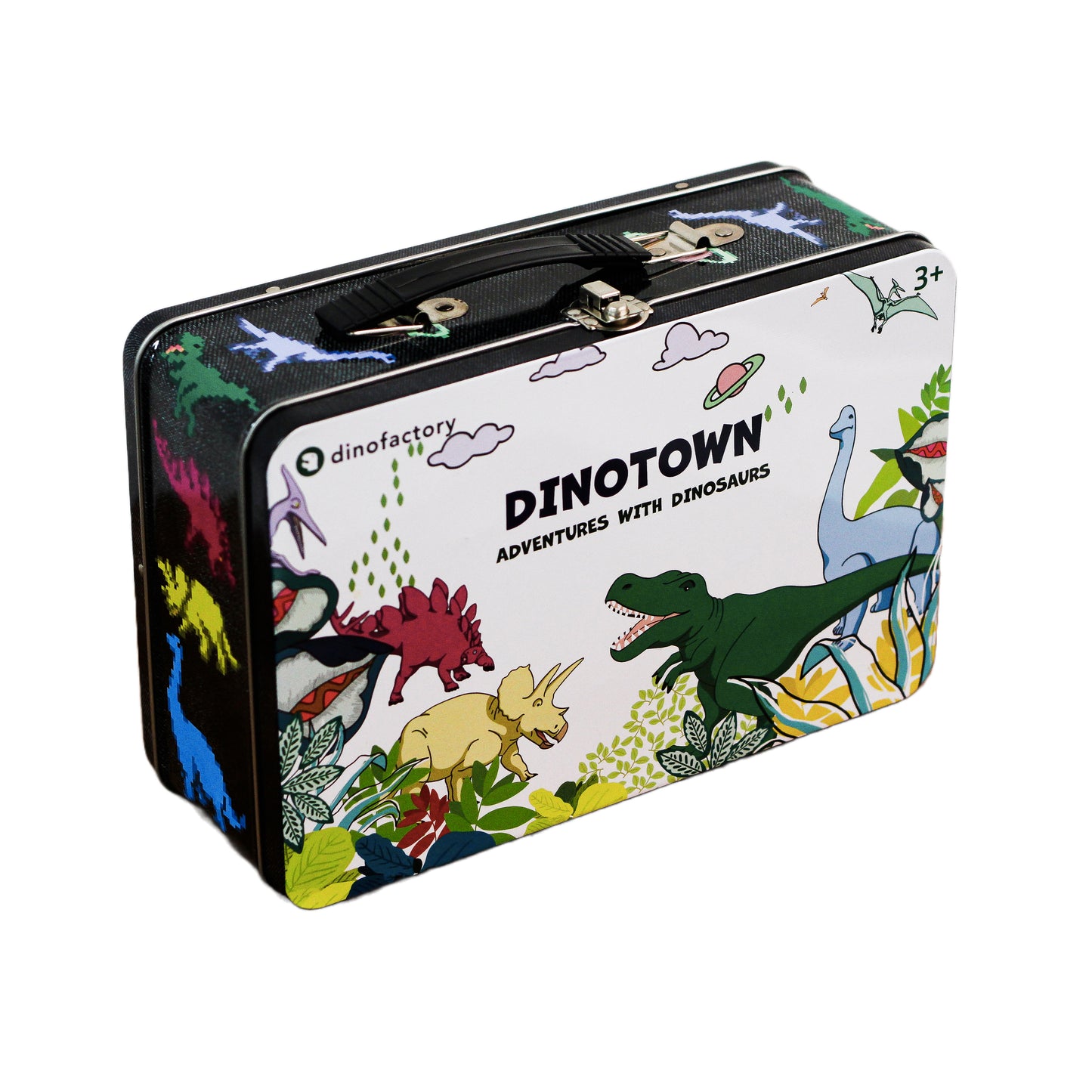 Dinotown Dinosaur Toys with 12 Figures, Tin Storage Box, Playing Mat and 20 Playing Cards - Gift for Boys and Girl