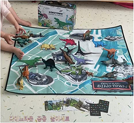 Dinotown Dinosaur Toys with 12 Figures, Tin Storage Box, Playing Mat and 20 Playing Cards - Gift for Boys and Girl